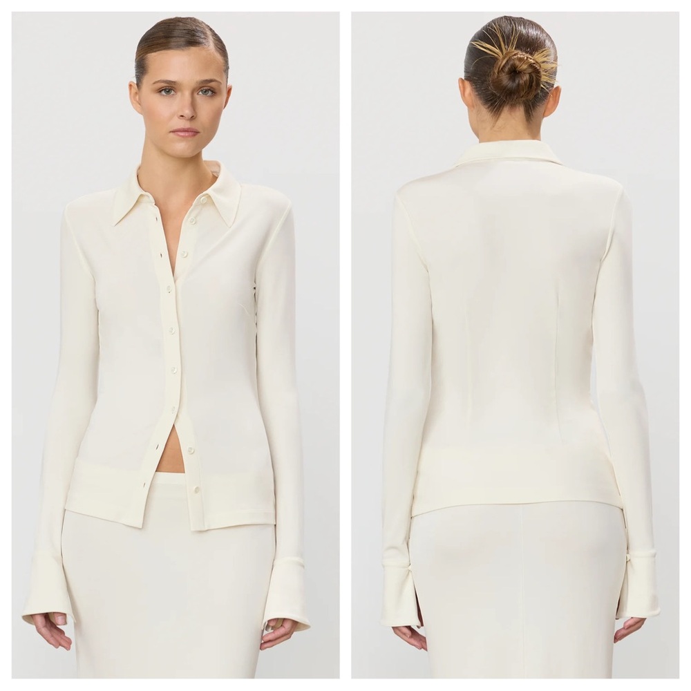 Eterne Charlie Top Matte Jersey Button Down in Ivory - Picture 2 of 14